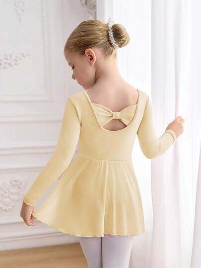 Young Girls' Long Sleeve Pink Ballet Dance Dress, Round Neck With Ruched Front Design, Cute Bow Back Design, Soft & Lightweight Mesh Skirt With Snap Crotch, Stretchy & Skin-Friendly, Suitable For Dance, Yoga & Activewear