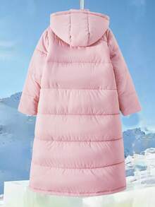 Girls' CottonPadded Coatt, Casual College Style, Long Sleeve Full Length With Pockets, Hooded Thick Coat, Suitable For Autumn/Winter Outings, Can Be Paired With Pants, Sweatpants, Dresses, Hoodies, T-Shirts, Sweaters - Dusty Pink - View 2