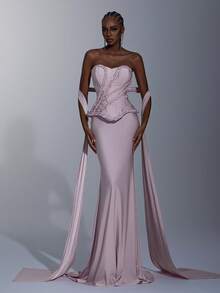 Elitara 优雅、浪漫、时尚、简约、粉紫色、弹性面料、编织绳装饰、紧身胸衣款式、带罩杯、胶骨、露背领口、适合节日、度假、生日、派对、婚礼活动、正式晚宴礼服 - 淺粉色 - 查看 8