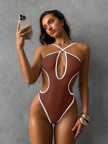 Aloruh 1pc Women's One-Piece Swimsuit, Color Block Design, Halter Neck, Hollow Out Bust And Waist, High Cut Leg - Brown - View 6