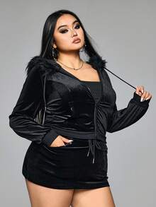 ROMWE Grunge Punk Y2K Harajuku Stil Samt Mini Bodycon Taille Geschnürter Kapuzen Crop Top & Rock 2-teiliges Set, Schwarz, Große Größen - Schwarz - Übersicht 5