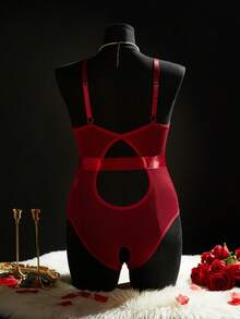 SHEIN 2件套加大码蕾丝撞色网眼性感内衣套装 - 酒紅色 - 查看 2