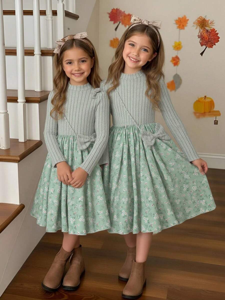 SHEIN Girls' Elegant Casual Ditsy Floral Textured Knit Patchwork Outdoor Dress - Green - View 1
