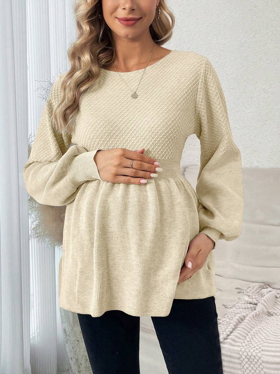 SHEIN Maternity Solid Color Round Neck Lantern Sleeve Ruffle Hem Casual Sweater, Autumn/Winter - Beige - View 1