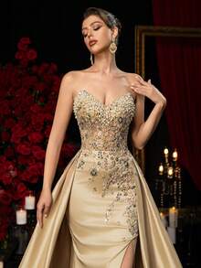 Glamrae Elegant Luxurious Beaded & Sequin Floral Sexy Strapless Mermaid Maxi Dress With High Slit, Suitable For Weddings, Events, Parties, Vacations, Galas (Heavy Embellishment) Gown