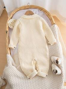 SHEIN Baby Boys Soft & Cozy Knit Jumpsuit, Casual & Fashionable, Suitable For Everyday, Outings, Travel, Vacation, Home, Daycare, Autumn/Winter, Christmas, Back To School, Parties, Versatile - Apricot - View 3