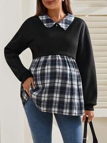 SHEIN Plaid Patchwork Loose Shirt Collar Ruffle Casual Everyday Maternity Sweatshirt