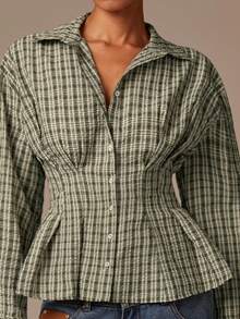 Athîral 女式格子长袖收腰单排扣休闲褶皱衬衫，秋季 - 彩色 - 查看 3