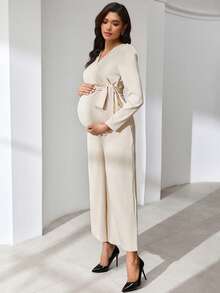 MaterniWear Elegant Maternity Solid Color Tie-Waist Jumpsuit For Commuting - Apricot - View 4