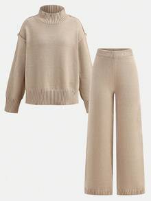 SHEIN Girlism Teen Girls High Collar Drop Shoulder Long Sleeve Sweater And Knitted Pants Casual 2 Pieces Set, Autumn/Winter,Girls' Two Pieces Suit,Casual And Warm Outing - Apricot - View 12