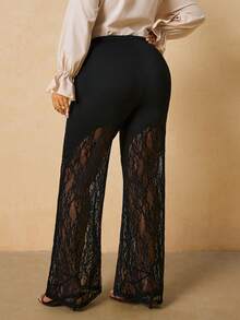 SHEIN VCAY 大码浪漫派对蕾丝喇叭裤，性感女式黑色长款蕾丝裤，适合秋冬派对和节日 - 黑色 - 查看 2