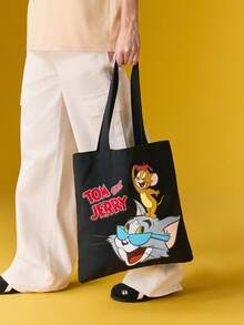 TOM & JERRY X SHEIN 1个可爱卡通人物印花帆布包，购物袋，可装书本、笔记本电脑，适合上学、通勤、购物，汤姆、猫、杰瑞、老鼠，友谊图案 - 黑色 - 查看 5