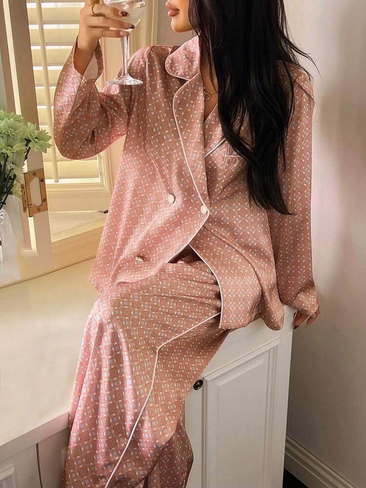 Floral Pattern Charming Satin Double-Breasted Loose Women Pajama Set, Vacation Style, Fall & Winter Clothes