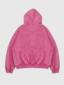 ROMWE Street Life Plus Size Women's Casual Fashion Street Sweatshirt With Number Embroidery Patch, Zip-Up, Spring/Autumn - Hot Pink - View 2