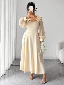 Elenzga Plus Size Women Elegant Formal White Autumn Maxi Dress,Chiffon Long Sleeve Square Neck 3D Floral Decor A-Line Party Date Gathering Minimalist Gown - Apricot - View 6