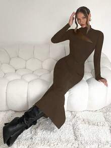 Chiquease Vestido largo elegante y sexy para mujer, de cuello alto, con corte de abertura, unicolordos, elástico y ajustado, de estilo casual y para fiestas, de tela transparente y de múltiples tejidos. - Marrón - Ver 4