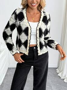 SHEIN PETITE Áo len cardigan họa tiết kim cương phong cách Pháp tối giản dành cho nữ - Đen và trắng - Xem 3