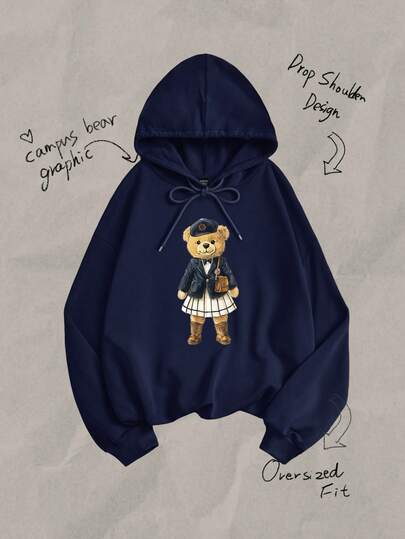 Tseoso 女士休闲长袖落肩皇家蓝卫衣，饰有学院风小熊图案，展现学院风、优雅气质、老钱风情和家庭聚会风格。