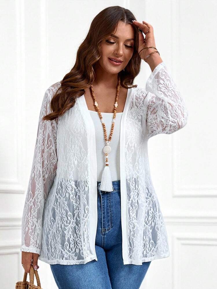 Plus Size White Lace Long Sleeve Sun Protection Jacket For Summer,Spring