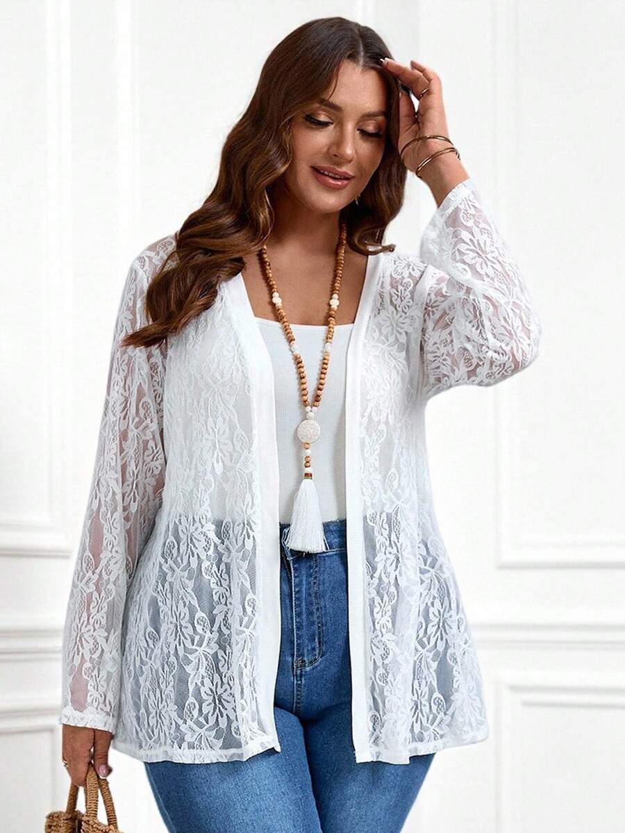 EMERY ROSE Plus Size White Lace Long Sleeve Sun Protection Jacket For Summer,Spring - White - View 1