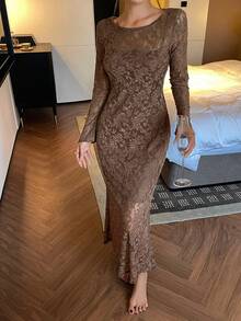 DAZY Sexy transparentes spitzenbesetztes lang geschnittenes Nachthemd für Frauen - Kaffeebraun - Übersicht 5