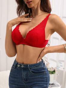 1 件套女士蕾丝边舒适提升支撑钢圈文胸 - 紅色 - 查看 4