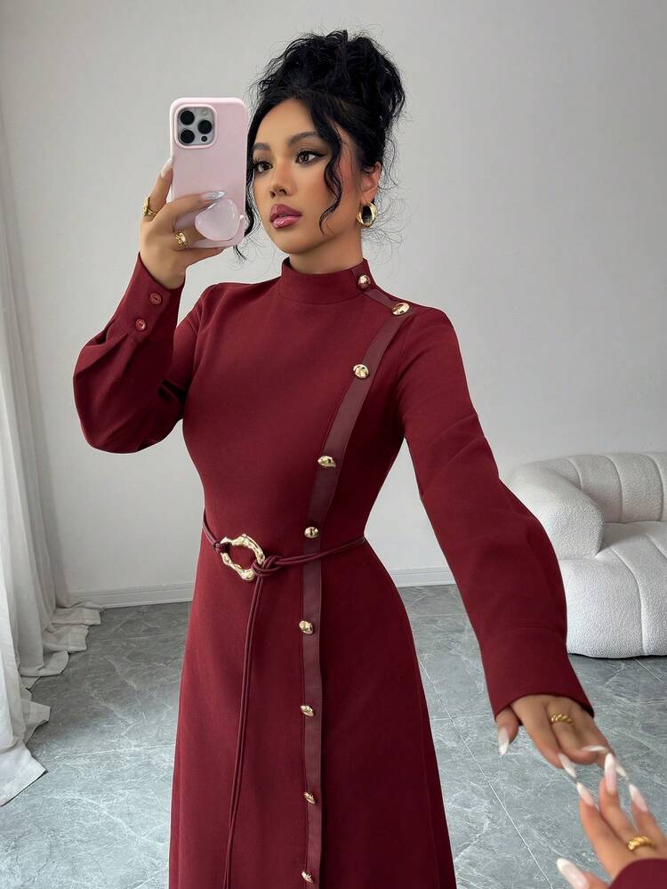 Women's Solid Color Stand Collar Long Sleeve Metal Button Design Side Slit Hem Elegant Dress Maxi Dress
