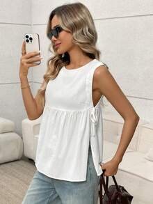 Easowa 女士纯色圆领侧系休闲宽松吊带背心 - 白色 - 查看 5