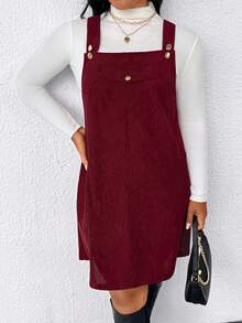 Elenzga Plus Size Women's Solid Color Strap Dress, Versatile Casual, Elegant & Loose Fit, Suitable For Valentine's Day & Christmas, Autumn/Winter - Burgundy - View 7