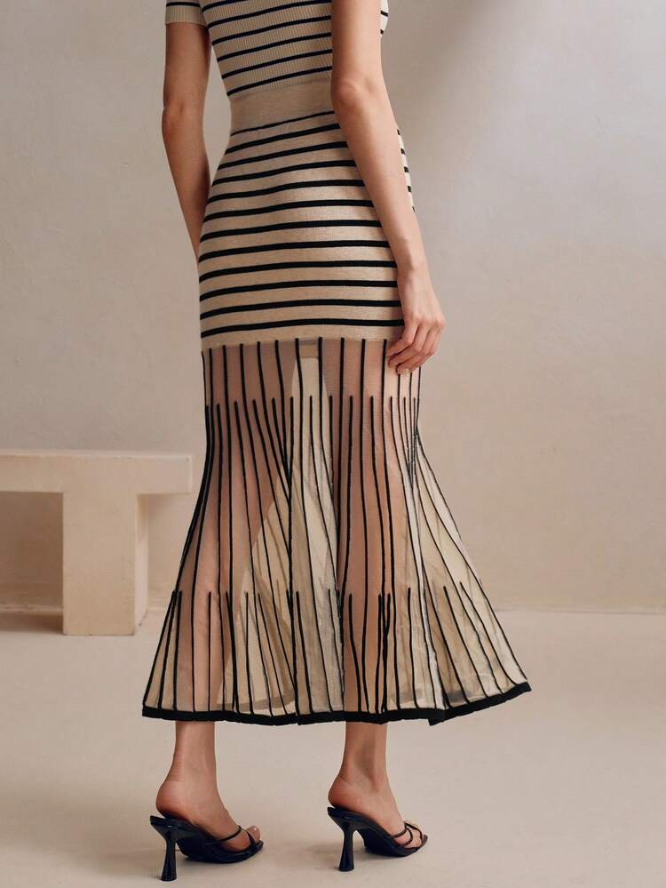 Vacation Elegant Modern Striped Sheer Mesh Patchwork Mermaid Hem Bodycon Skirt, Women Party Dresses For Valentine's Day, Summer