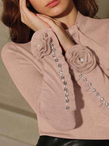 Anewsta 女士优雅亮片粉色毛衣，饰有蝴蝶结和水钻，长袖，适合圣诞节、新年、感恩节、秋冬季穿着。 - 粉色 - 查看 8