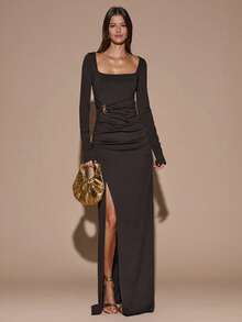 SHEIN BAE Brązowa, seksowna, kwadratowa sukienka maxi z długim rękawem i rozcięciem, zdobiona metalicznym wzorem, dopasowana, jesienno-zimowa, mini sukienka koktajlowa z łańcuszkiem ze strasami, odpowiednia na przyjęcie koktajlowe, romantyczną randkę, spotkanie, sukienkę dla druhny, wieczorne wyjście, Halloween, Boże Narodzenie