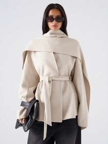 LYSMO 2025 New Minimalist Autumn Women's Beige Long Sleeve Coat Belt Scarf Design, Autumn And Winter,Women's Winter Clothes,Fall,Fall Clothes For Women - Beige - View 1