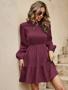 SHEIN Clasi 优雅纯色灯笼袖连衣裙，适合秋季通勤 - 紅色 - 查看 4
