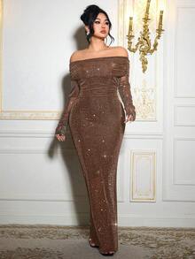 Roveilla Plus Size Rhinestone Embellished Off Shoulder Bodycon Maxi Party Dress - Khaki - View 3