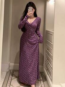 DAZY Ditsy Floral V-Neck Ruched Design Long Sleeve Maxi Nightgown For Women, Winter - Purple - View 5