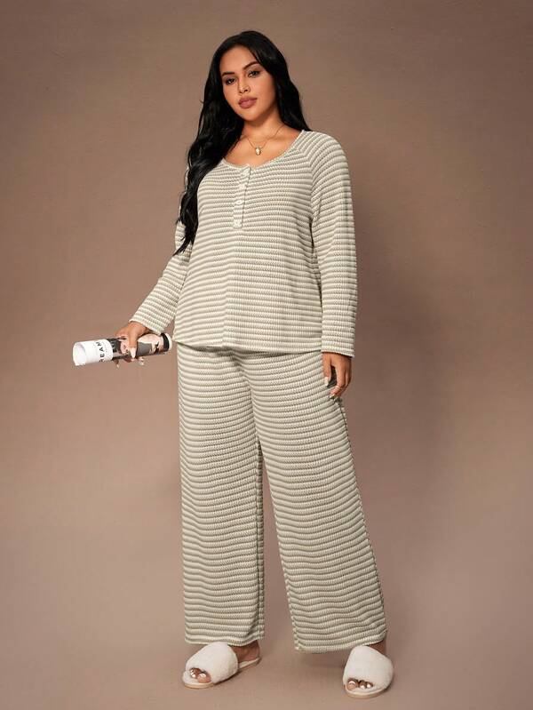 Lazeform Set de pijama de 2 piezas para mujer de talla grande con mangas raglán a rayas y cuadros de piña de dos colores