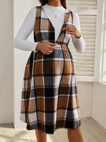 SHEIN 格子无袖褶皱拉链休闲日常孕妇装 - 彩色 - 查看 3