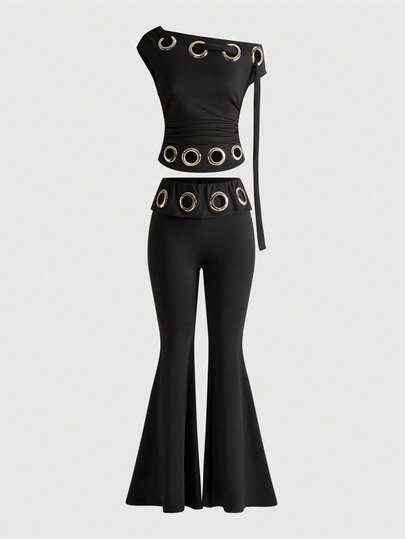 ROMWE Avant Women's Retro Vantage Sexy Siren Lace-Up Shoulder Flare Leg Pants 2 Pieces Set