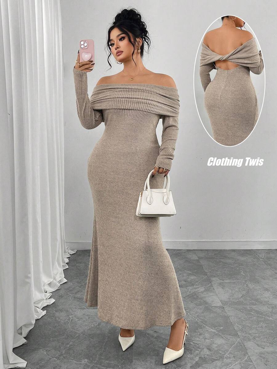 Gloray Plus Size Women's Khaki Bodycon Textured Off Shoulder Twist Back Hollow Out Midi Dress - Khaki - View 1