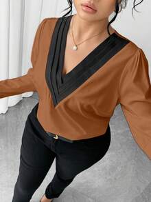 Elenzga Grande taille Chemise décontractée à col en V en tricot pour l'automne - Taupe - Voir 5