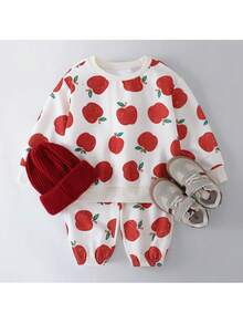 THE HAPPY LOOK 2件套少女卡通水果图案针织柔软圆领长袖套头衫和松紧腰长裤 - 杏色 - 查看 1