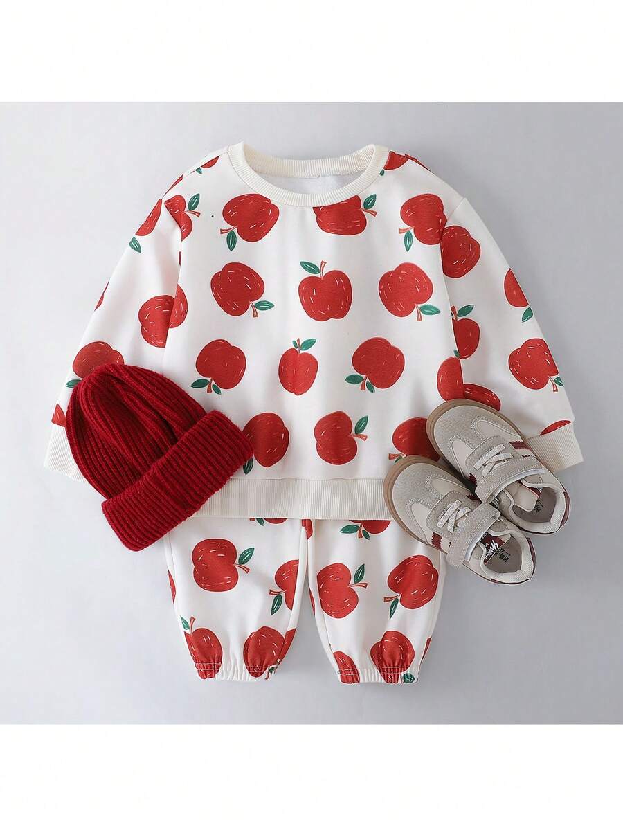 THE HAPPY LOOK 2件套少女卡通水果图案针织柔软圆领长袖套头衫和松紧腰长裤 - 杏色 - 查看 1