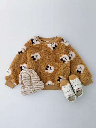 THE HAPPY LOOK Young Boys Cartoon Bear Pattern Thermal Lined Crew Neck Long Sleeve Pullover Sweatshirt