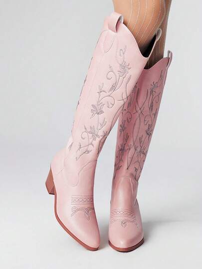 Fairycore Women's 2025 Spring/Autumn New Cute Pink Embroidered Western Boots, Leather Outdoor Fashion Slip-On Knee-High Boots