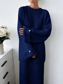 EURMUSE Plus Women Solid Color Chunky Sweater & Sweater Skirt Set - Navy Blue - View 3