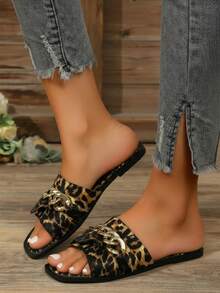 Sandalia de mujer con cadena decorativa diseño minimalista punta cuadrada sin cordones plana estilo casual para oficina y diario - Multicolor - Ver 2