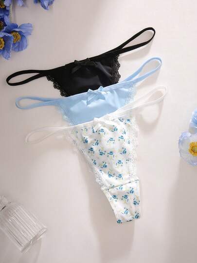 PetitDoll 3件套女士蕾丝拼布花卉丁字裤