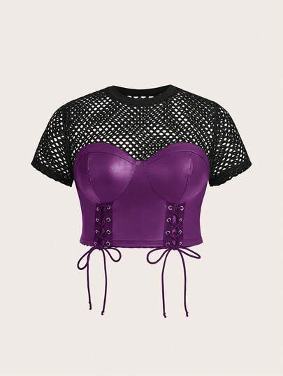 Plus Size Women's Hollow Out Eyelet Lace-Up Sexy Fitted Fashion T-Shirt