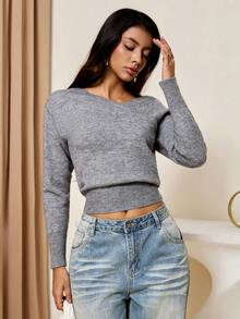 Lyxana New Asymmetrical Cross Design Sweater - Grey - View 1